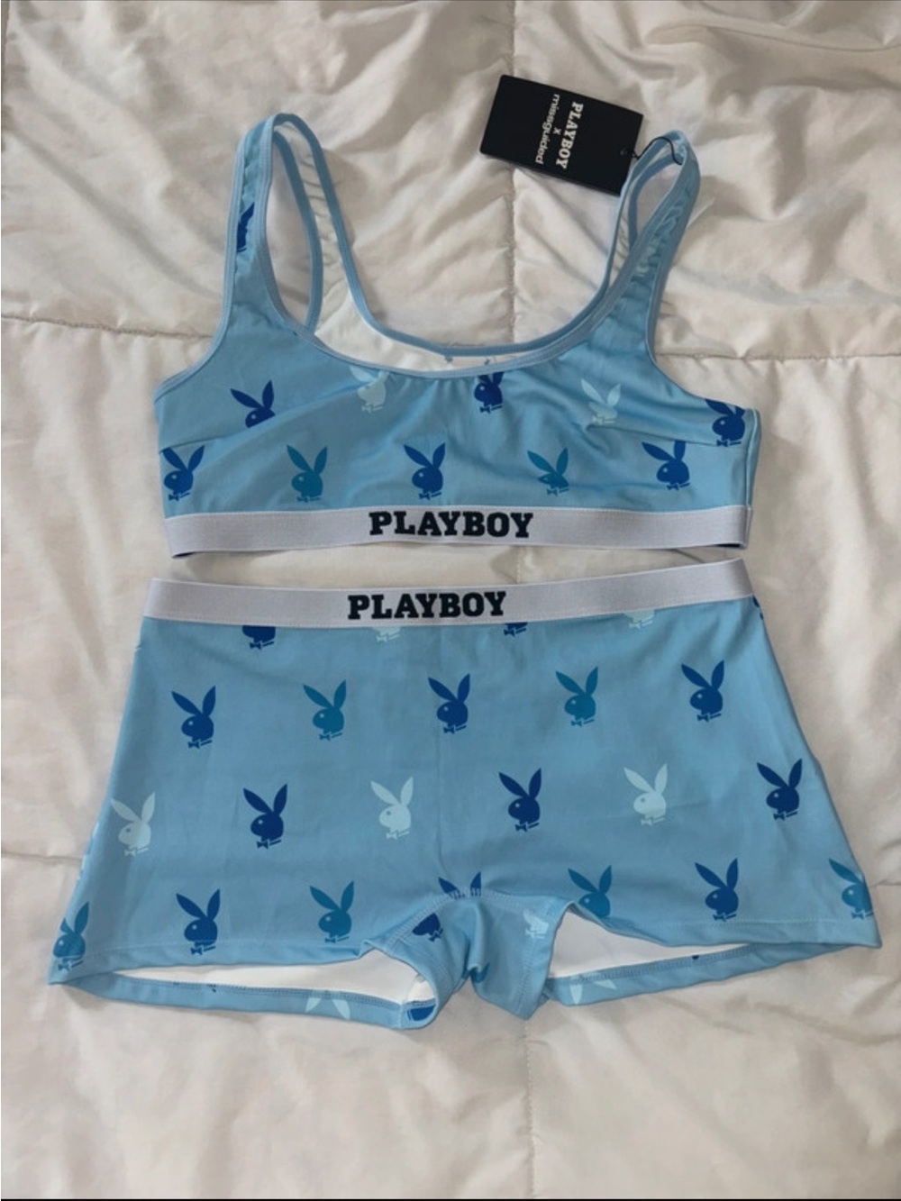 PLAYBOY Light Blue Bunny Logo Bralette & Shorts Set